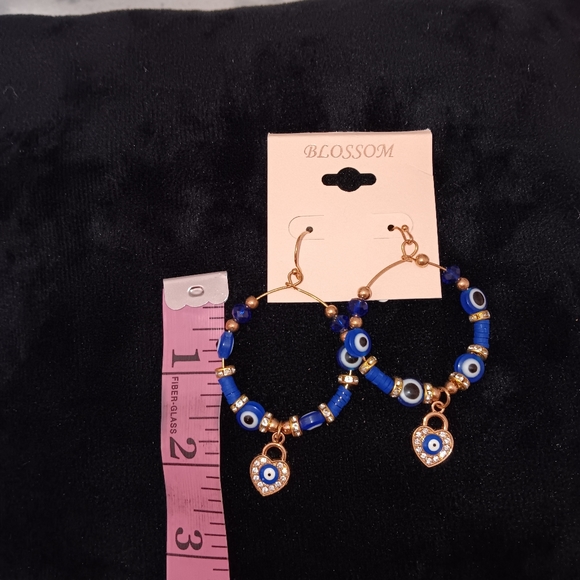 Blossom~Evil Eye Beaded Lightweight Blue and Gold Hoop Earrings NWT - Picture 3 of 8